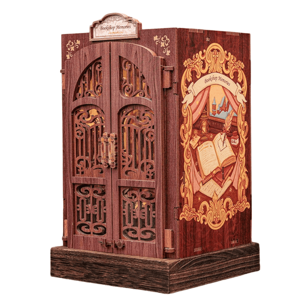 Bookshop Memories book nook DIY kit with ornate wooden design and miniature bookshelf details
