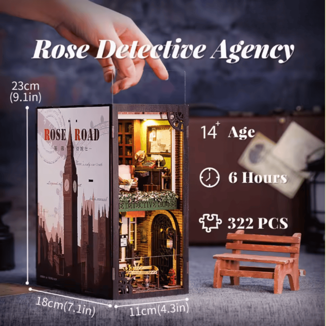 Detective agency book nook kit with LED-lit miniature office, bookshelf decor, and product specs.