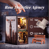 Detective agency book nook kit with LED-lit miniature office, bookshelf decor, and product specs.