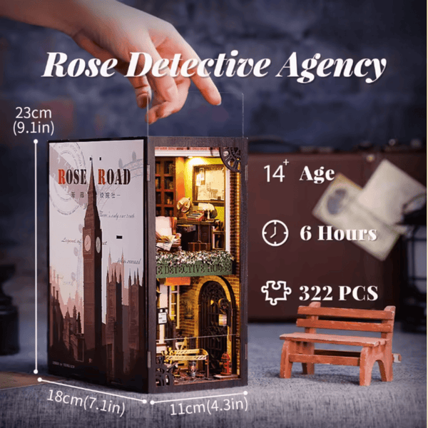 Detective agency book nook kit with LED-lit miniature office, bookshelf decor, and product specs.