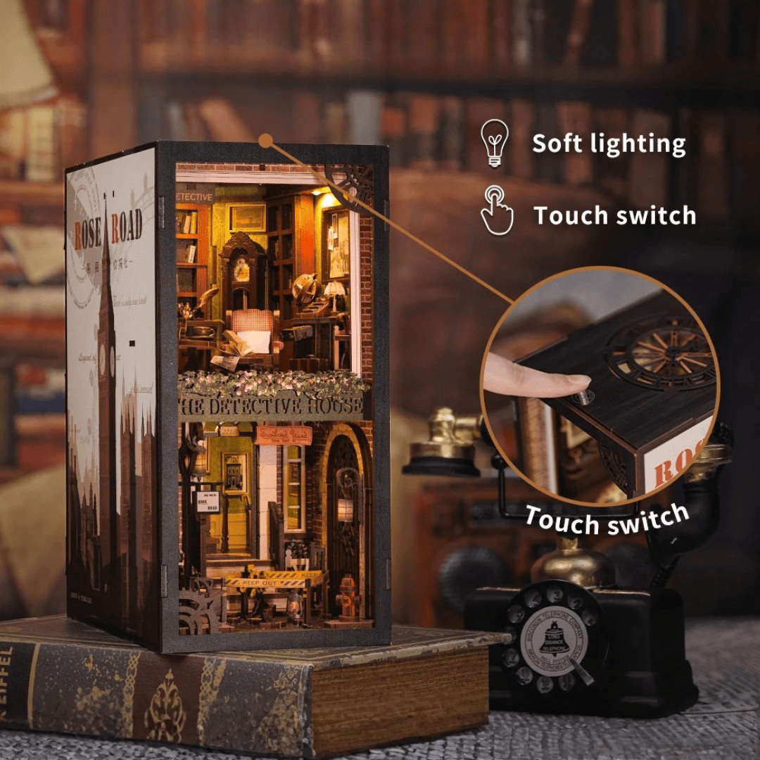 Detective agency book nook kit with soft LED lighting, touch switch, miniature bookshelf decor