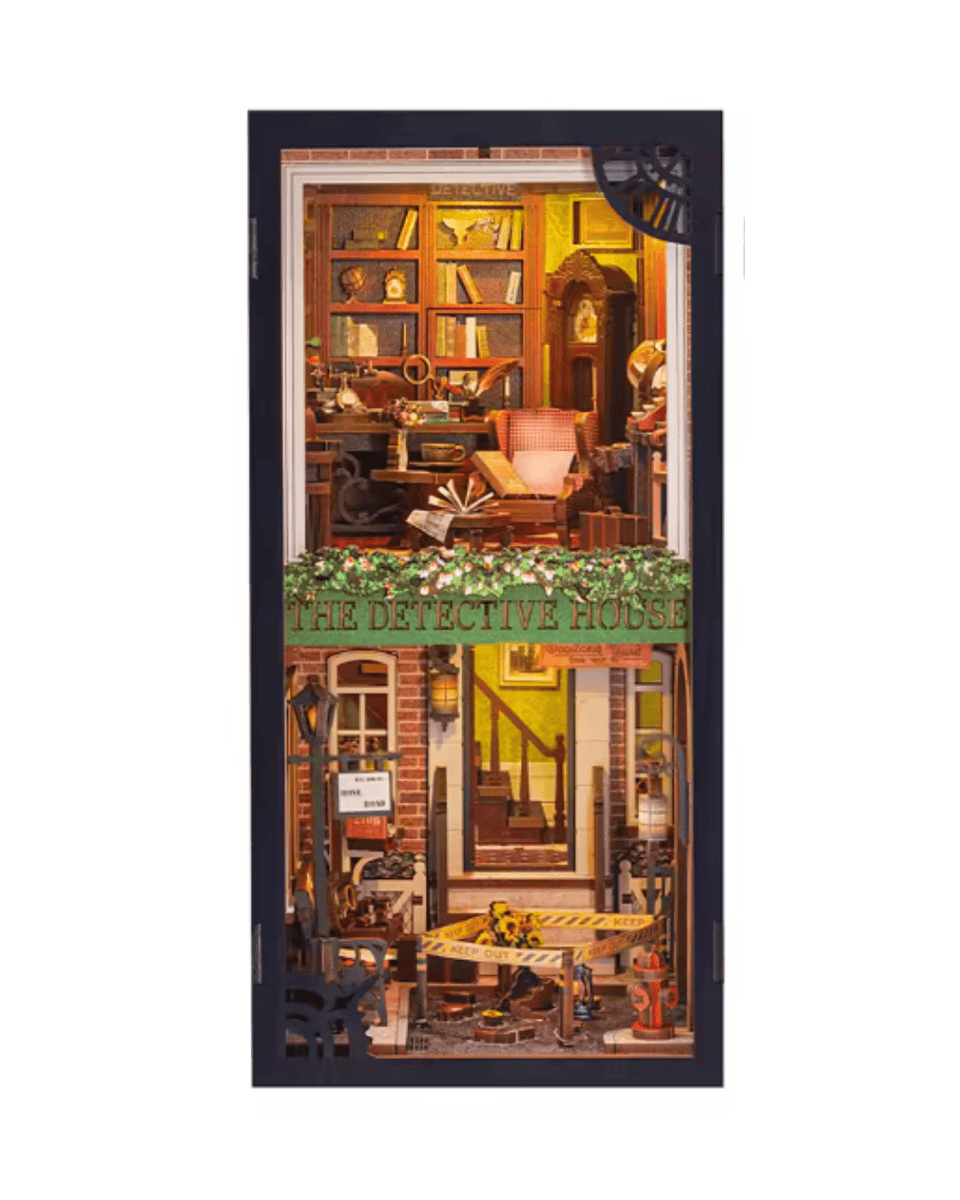 Detective agency book nook kit featuring miniature crime scene, library, and LED lights