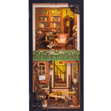 Detective agency book nook kit featuring miniature crime scene, library, and LED lights