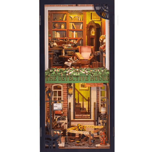 Detective agency book nook kit featuring miniature crime scene, library, and LED lights