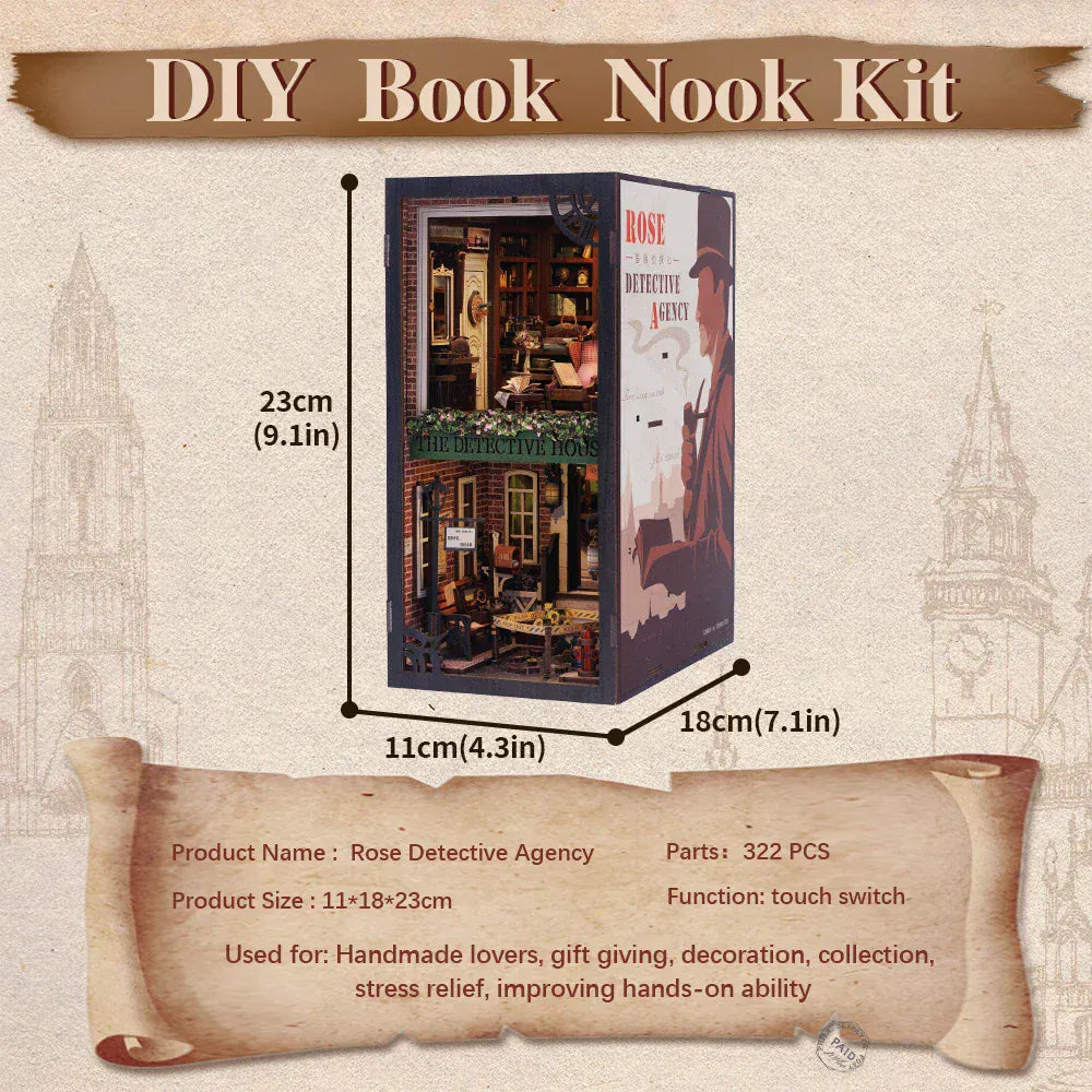 DIY book nook kit with detective agency theme, dimensions and parts shown, perfect for crafting.