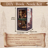 DIY book nook kit with detective agency theme, dimensions and parts shown, perfect for crafting.