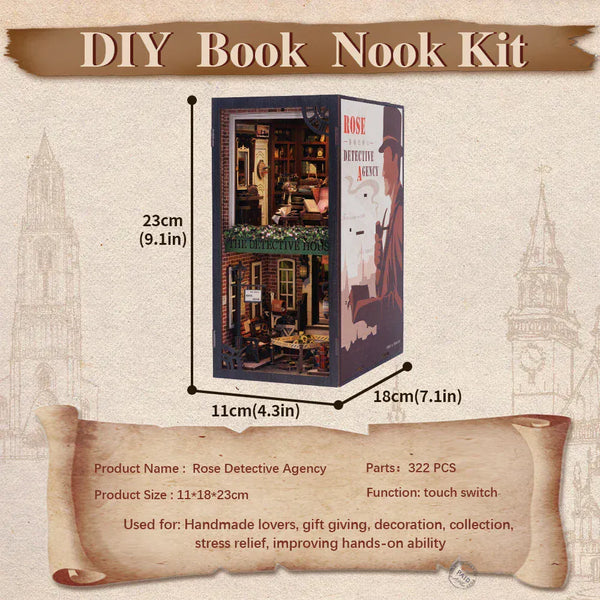 DIY book nook kit with detective agency theme, dimensions and parts shown, perfect for crafting.