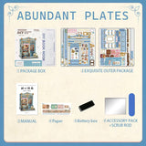 DIY book nook kit contents, including package box, manual, decorative plates, battery box, accessories.