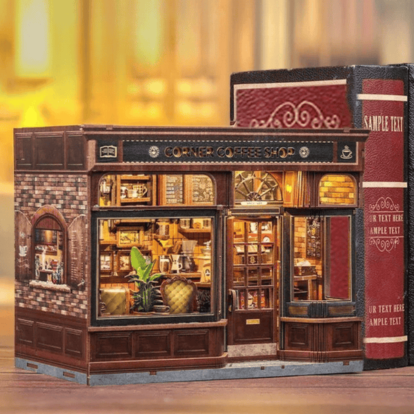 Miniature corner coffee shop book nook kit with LED lights and intricate café details